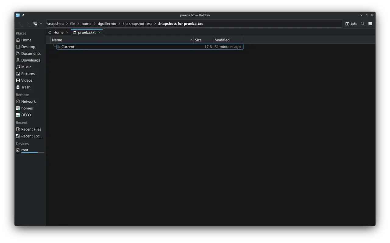 Dolphin en snapshot:/file/… mostrando solo Current — síntoma del bug Solid